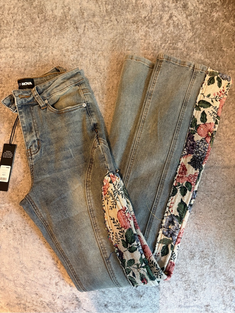 Fashion Nova Light Blue Denim Flare Jeans with Floral Tapestry Side Trim